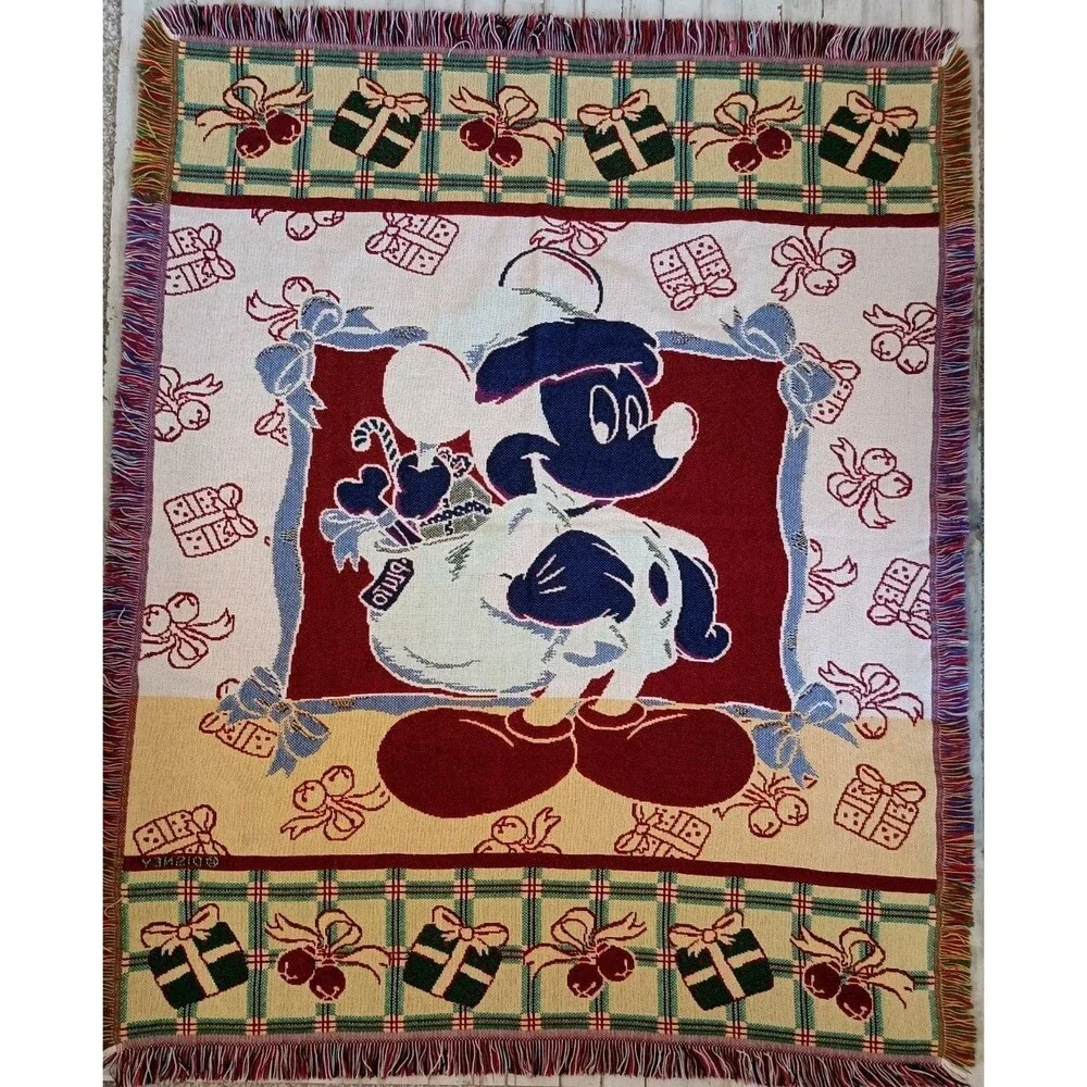 Vintage Disney Mickey Mouse Christmas Throw Blanket Santa Woven Tapestry 43